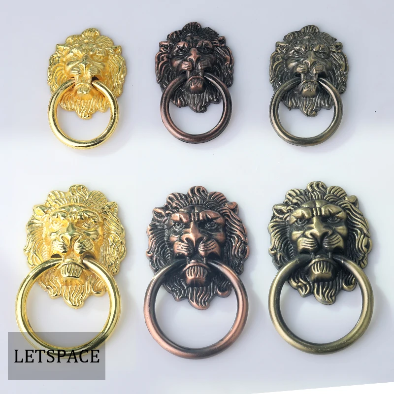 

Vintage fashion gold lion head furniture knob Drawer cabinet Bronze pull Drop rings dresser door Zinc Alloy handle