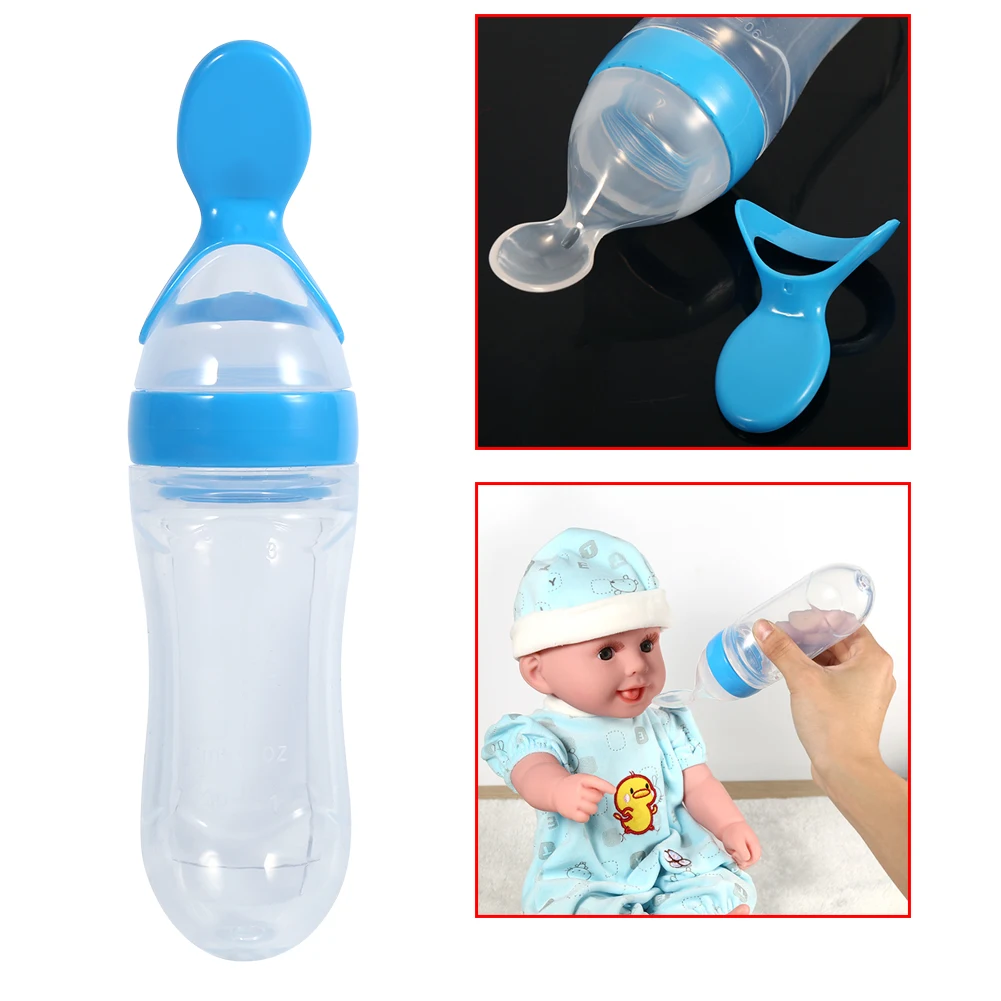 

1Pc 90mL Silicone Baby Toddler Feeding Bottle with Spoon Food Cereal Squeeze Feeder Hot
