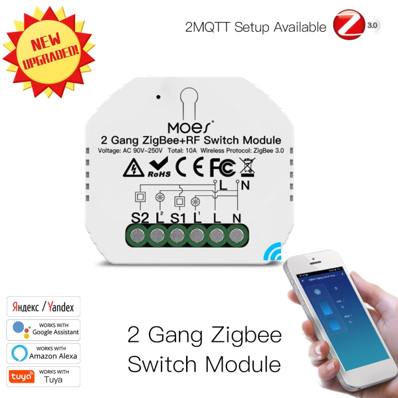 

Tuya ZigBee 3.0 Smart Light Switches Relay Module 2 Gang Remote Control Zigbee+RF Switch Module 10A Work With Alexa Google Home