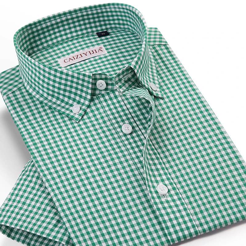 Men's Summer Short Sleeve Plaid Checkered Shirt Pocket-less Design Wrinkle Free Casual Standard-fit Gingham Cotton Shirts