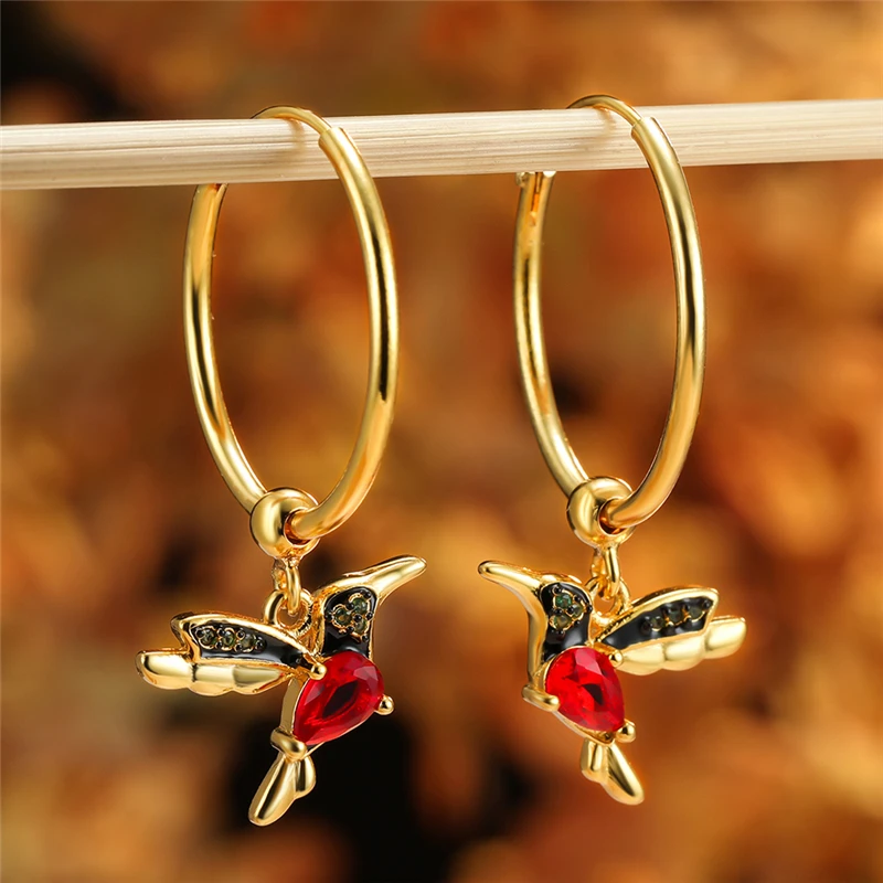 

Cute Female Red Zircon Hoop Earrings Classic Gold Color Wedding Earrings Trendy Crystal Bird Big Earrings For Women