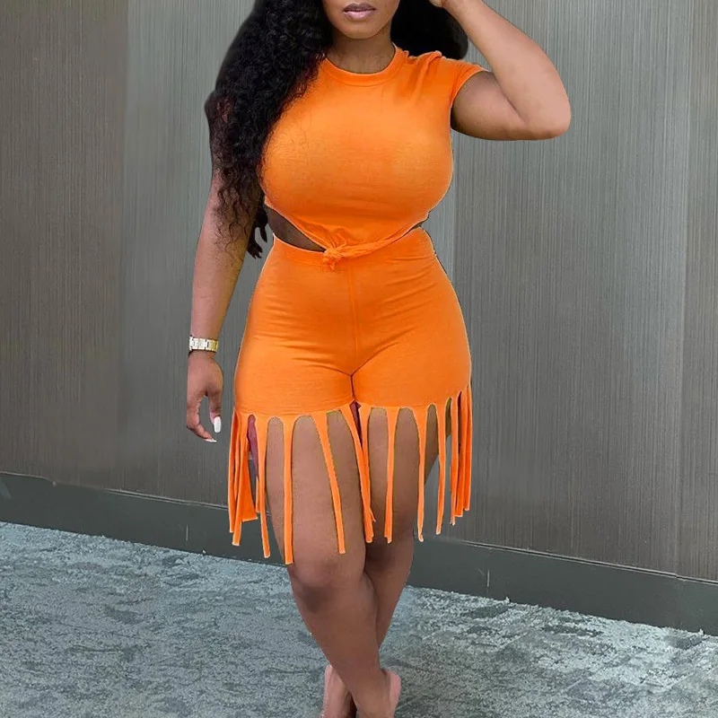 

Women Sexy Skinny Crop Top and Tassel Shorts Set Woman Casual Summer Two Piece Club Set Streetwear