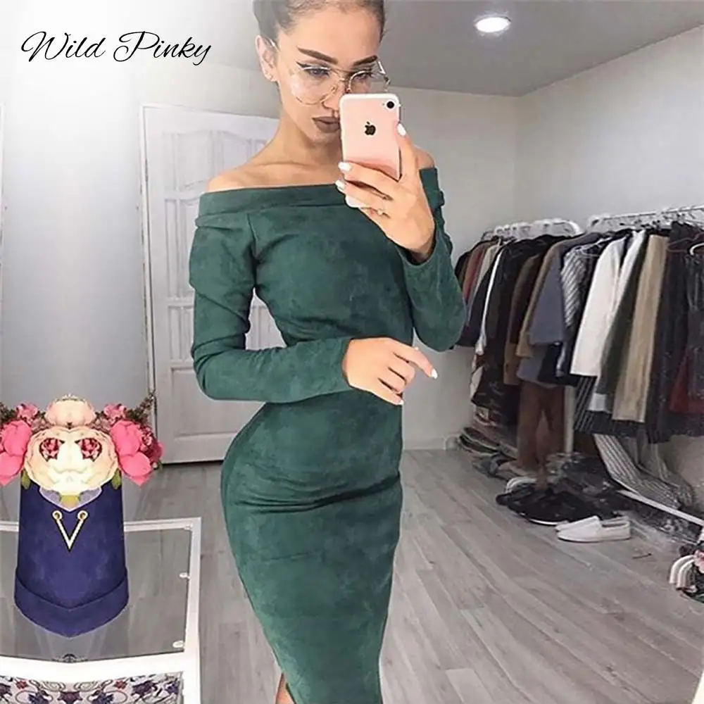 WildPinky Solid Suede Long Sleeve Off shoulder Women Midi Dress Autumn Winter Female Sexy Bodycon New Year Party Vestidos | Женская