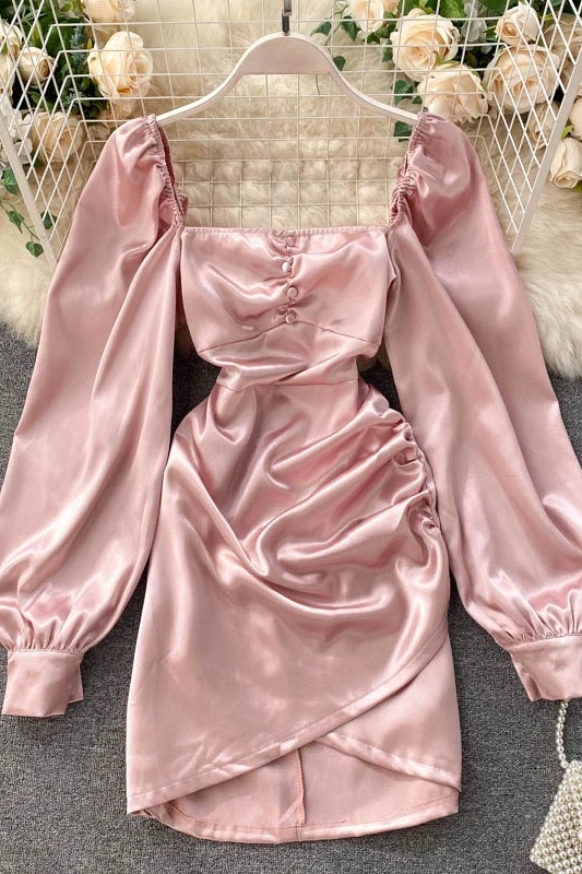 

Fashion Spring Summer Vintage Square Collar High Waist Party Satin Dress Pleated Women Long Sleeve Robe Vestido