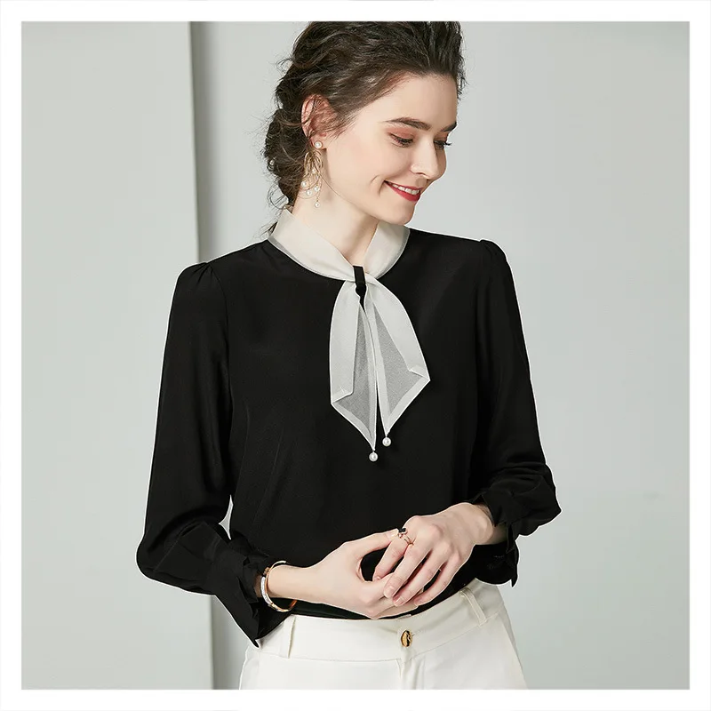 Женская элегантная шелковая блузка с длинным рукавом контрастным бантом и