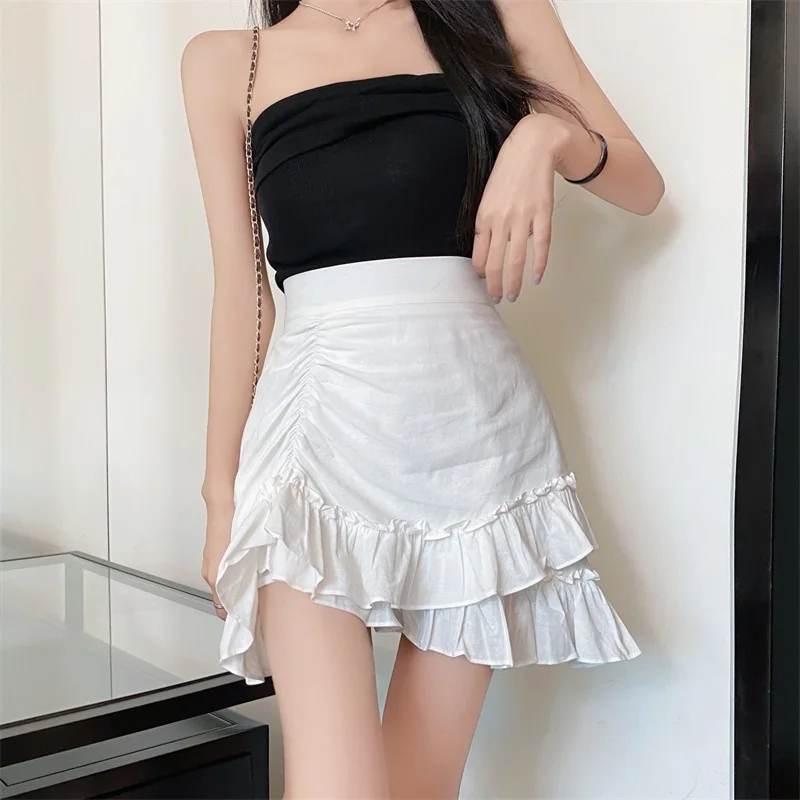 

Retro Elegant Fashion Women'S Skirt Summer High Waist Chic Ruffled A-Line Pleated Skirt White Sexy Mini Skirt