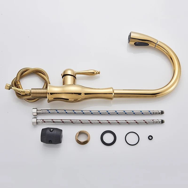 

SHBSHAIMY Golden Black Pull Out Kitchen Sink Faucet 360 Rotation Deck Mounted Faucet Two Outlet Water Modes Cold Hot Mixer Tap