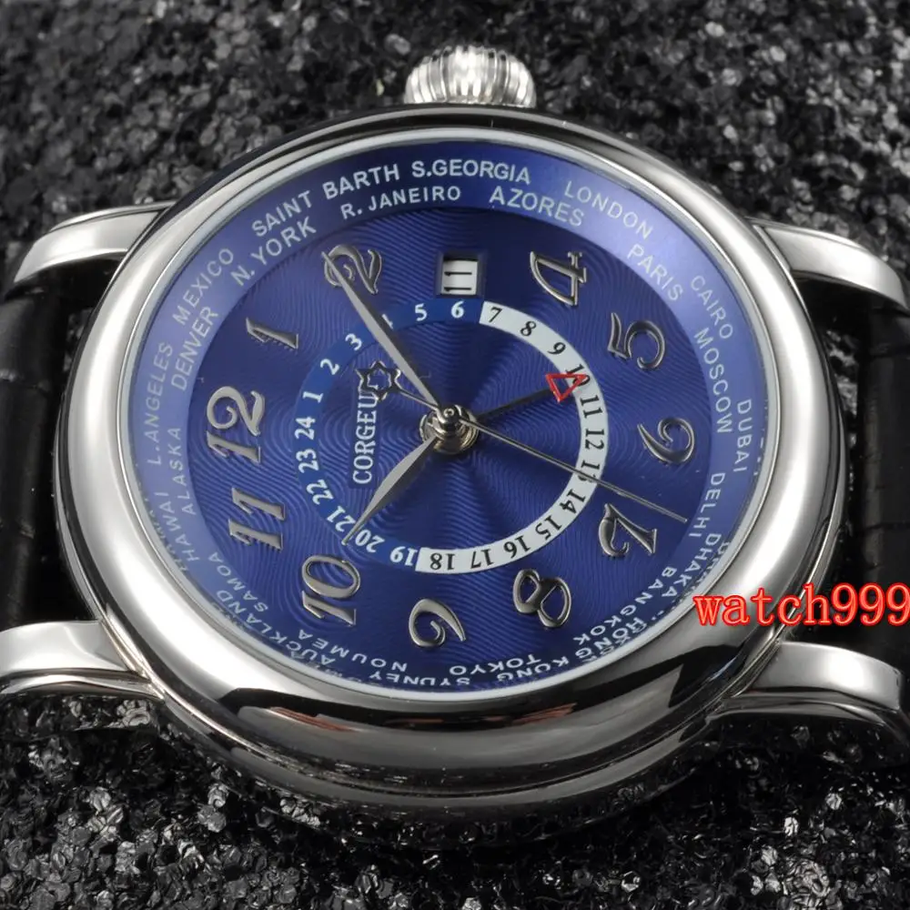 Corgeut 43 мм синий циферблат серебряный корпус GMT автоматические мужские модные