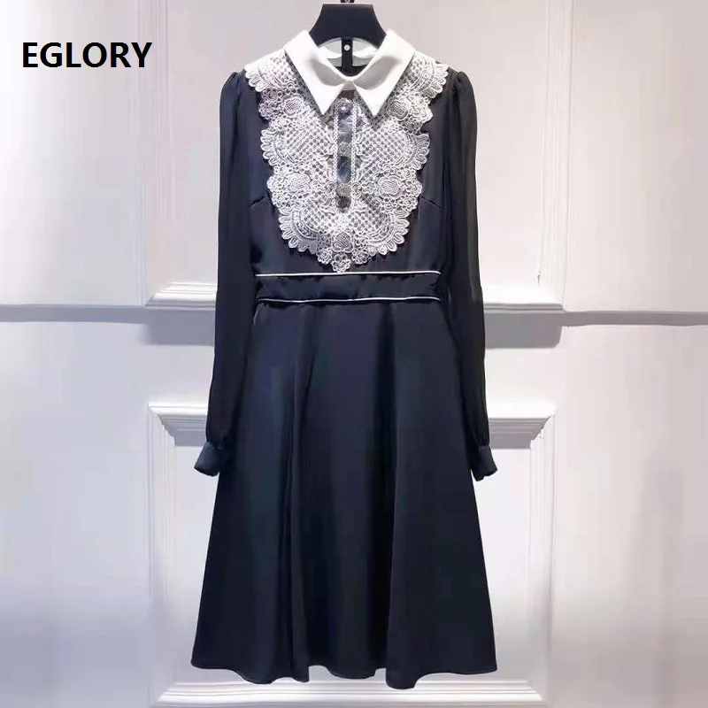 

Plus Size Dress 2021 Spring Summer Party Event Women Turn-down Collar Appliques Lace Patchwork Long Sleeve Black Purple Dress