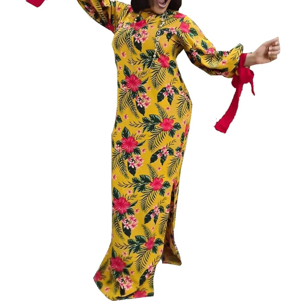 2021 africana y Floral imprimir vestido de las mujeres de talla grande, manga linterna Playa Larga Casual Vestidos amarillo Maxi Vestidos de verano