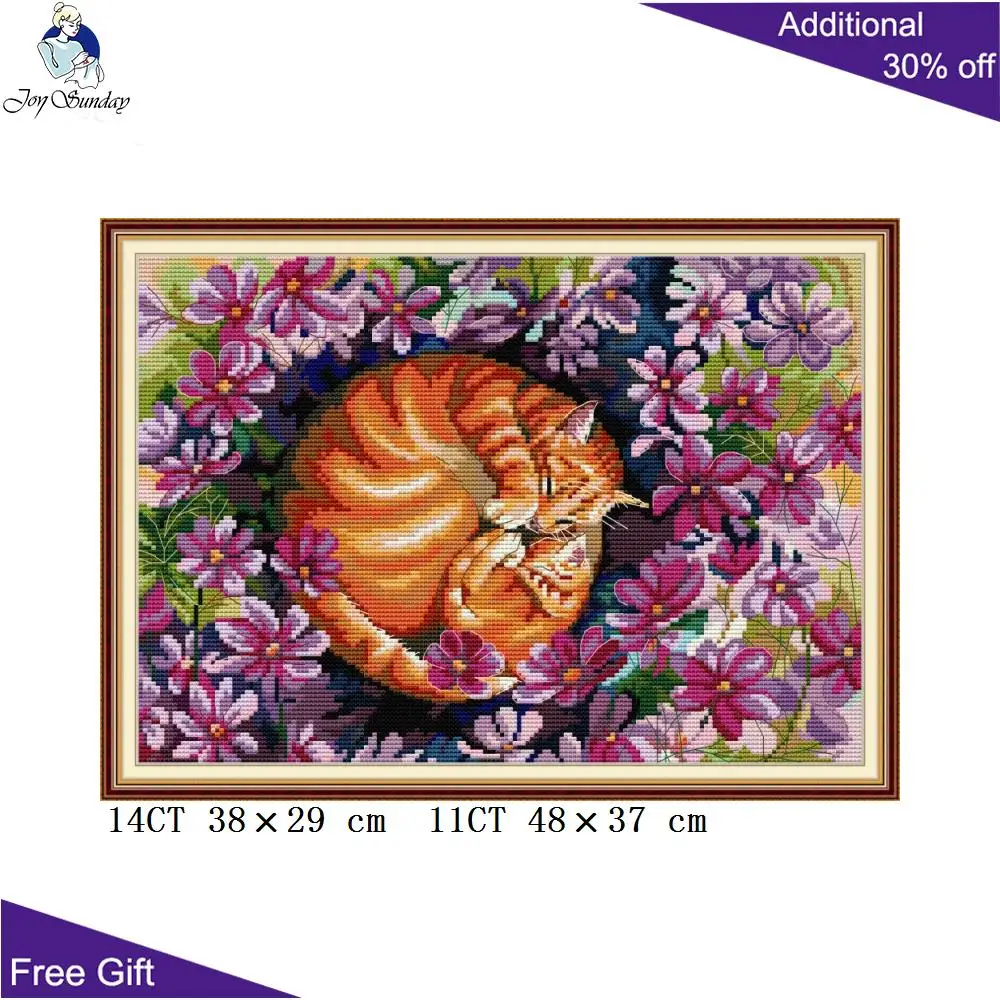 Joy Sunday Cats In Flowers DA472 14CT 11CT Counted and Stamped Cat Mother And Son In Flowers Home Decor Cross Stitch kits