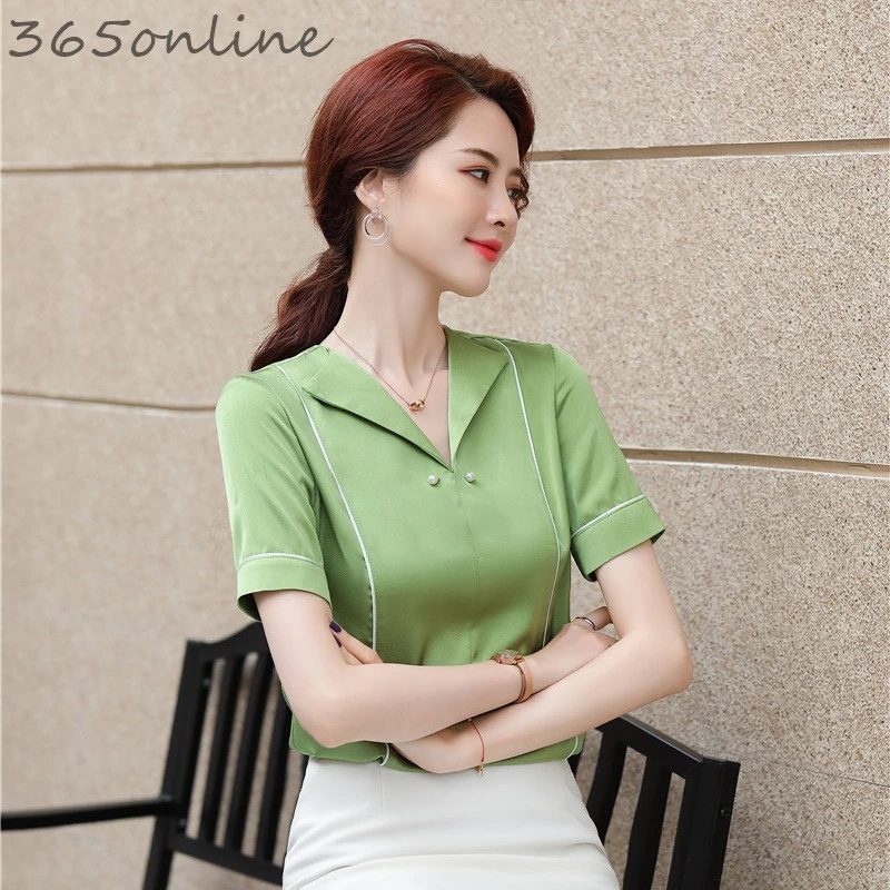 Новинка зеленые летние блузки с коротким рукавом рубашки для женщин женская