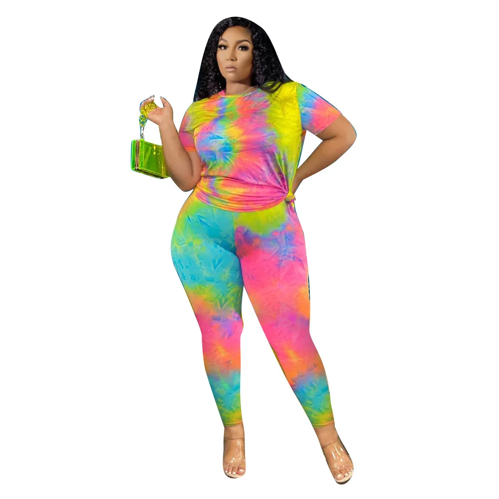 

Casual Tie-dye Print Tracksuits 2021 Summer Plus Size L-5XL Fashion Skinny Pencil Pants + O-neck Short T-shirts Stretch Outfits