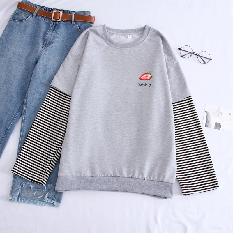 

Autumn Men's Sweatshirt Fashion Splicing Color Strawberry Print Loose Pullover Male Casual Couple Clothes Harajuku Streetwear