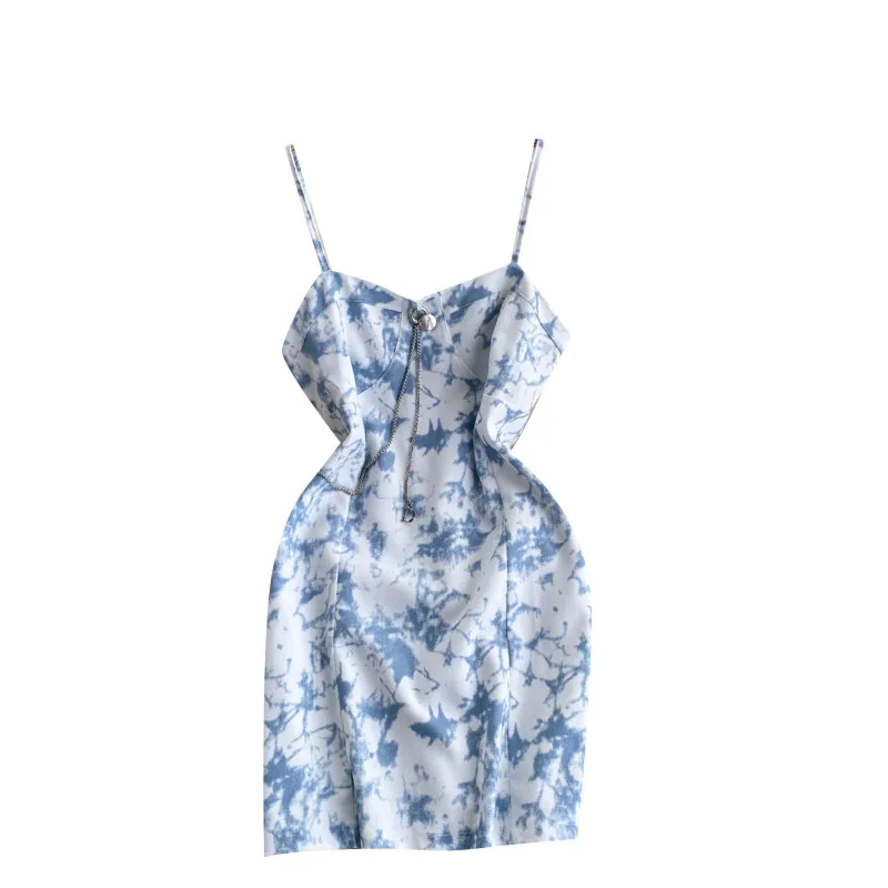 

Summer New Dress Women Halter Tie Dye Wrap Hip Dresses High Waist Off Shoulder Chain Decoration Sexy Spaghetti Strap Dress Lady