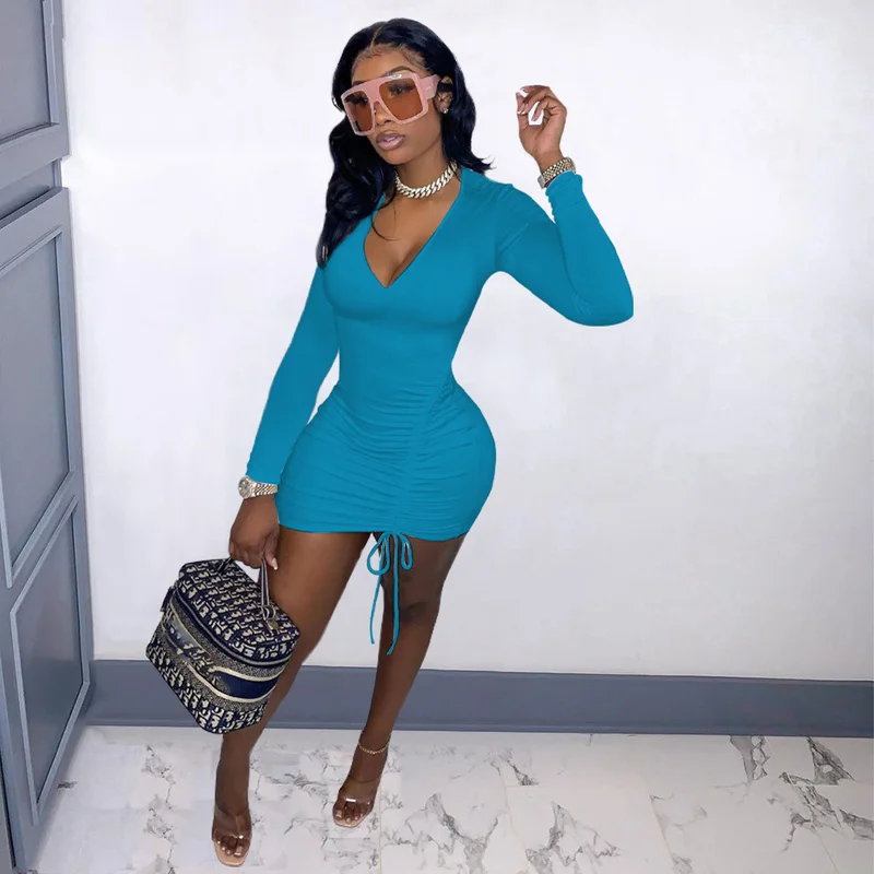 

Fall Women's Dress Sexy V-neck Long Sleeves Slim Elastic Bodycon Bandage Dresses Short Pleated Club Party Dresses Fashion Street