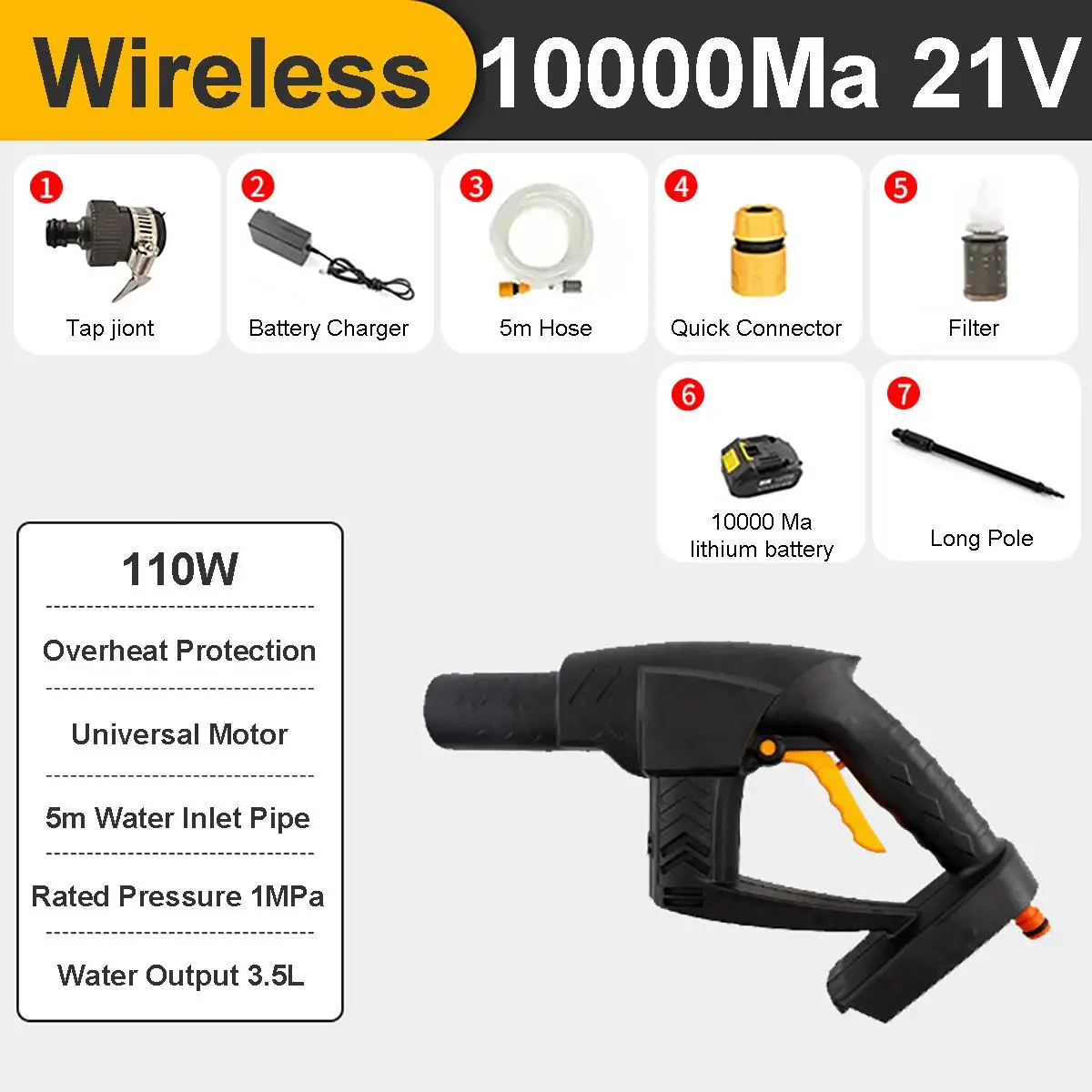 Купить Беспроводной водяной пистолет высокого давления для мойки автомобилей, 10000 мАч, литиевая батарея, портативный генератор пены для мойки высо...