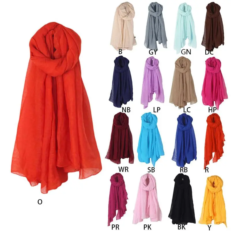 

Women Solid Color Long Scarf Wrap Vintage Cotton Linen Large Shawl Hijab Elegant