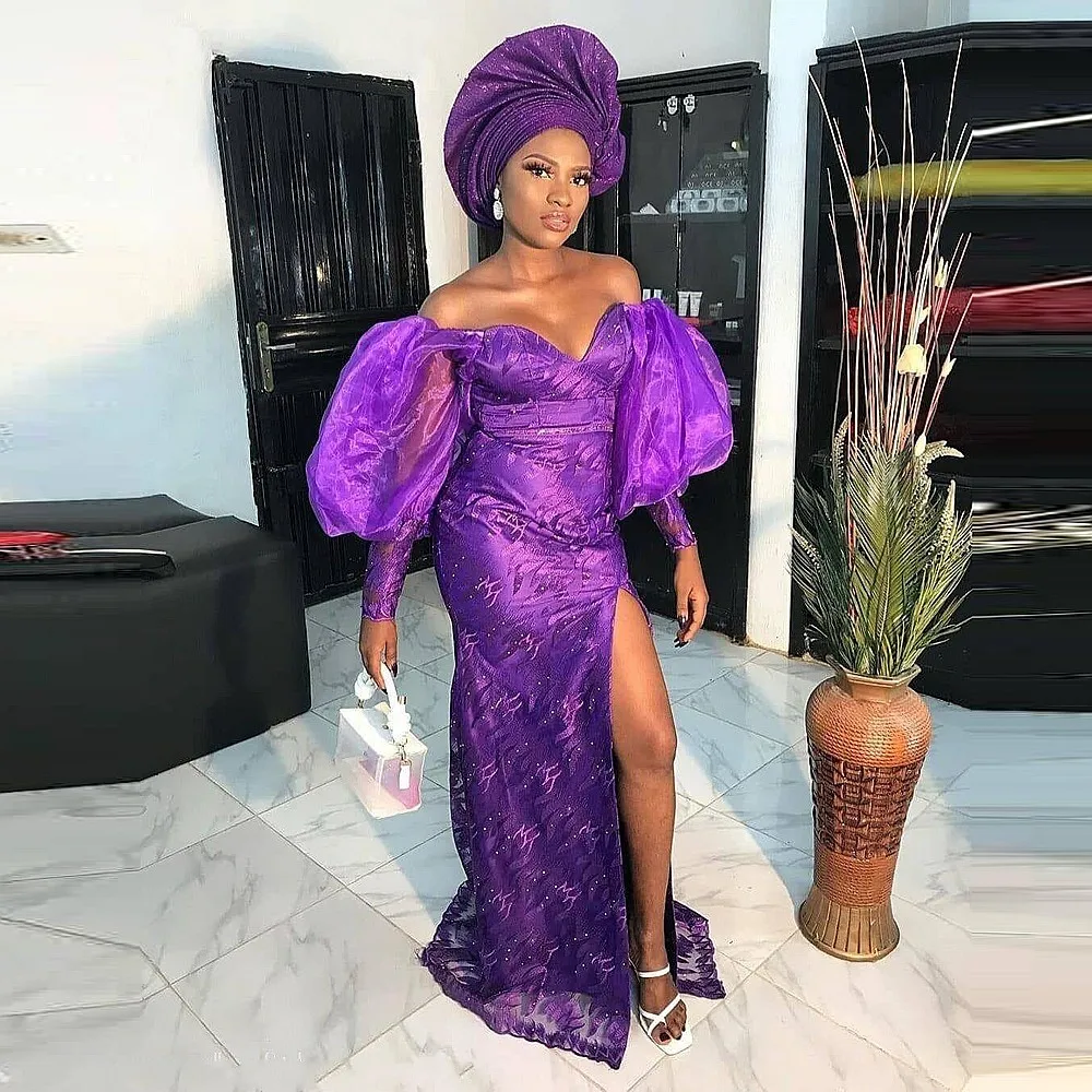 

Aso ebi purple beaded sequined long-sleeved mermaid banquet party prom dress