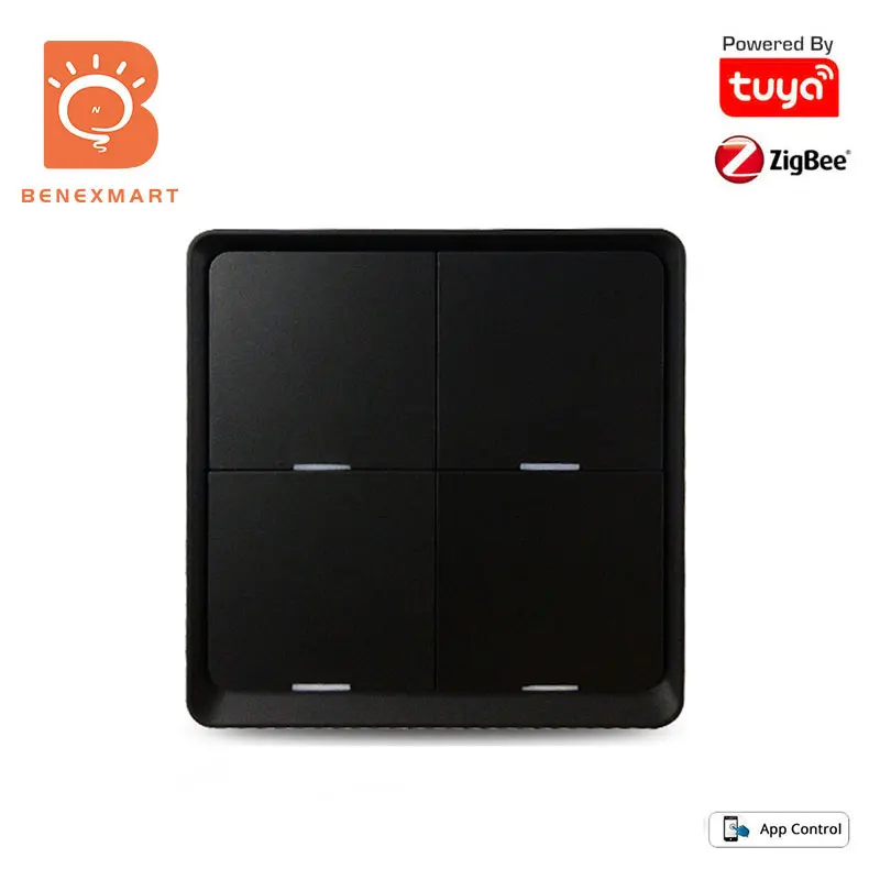 Interruptor sem Fio Interruptor de Energia da Bateria Benexmart Gang Tuya Zigbee 3.0 Cena Botão Controle Remoto Smartthings Preto 4