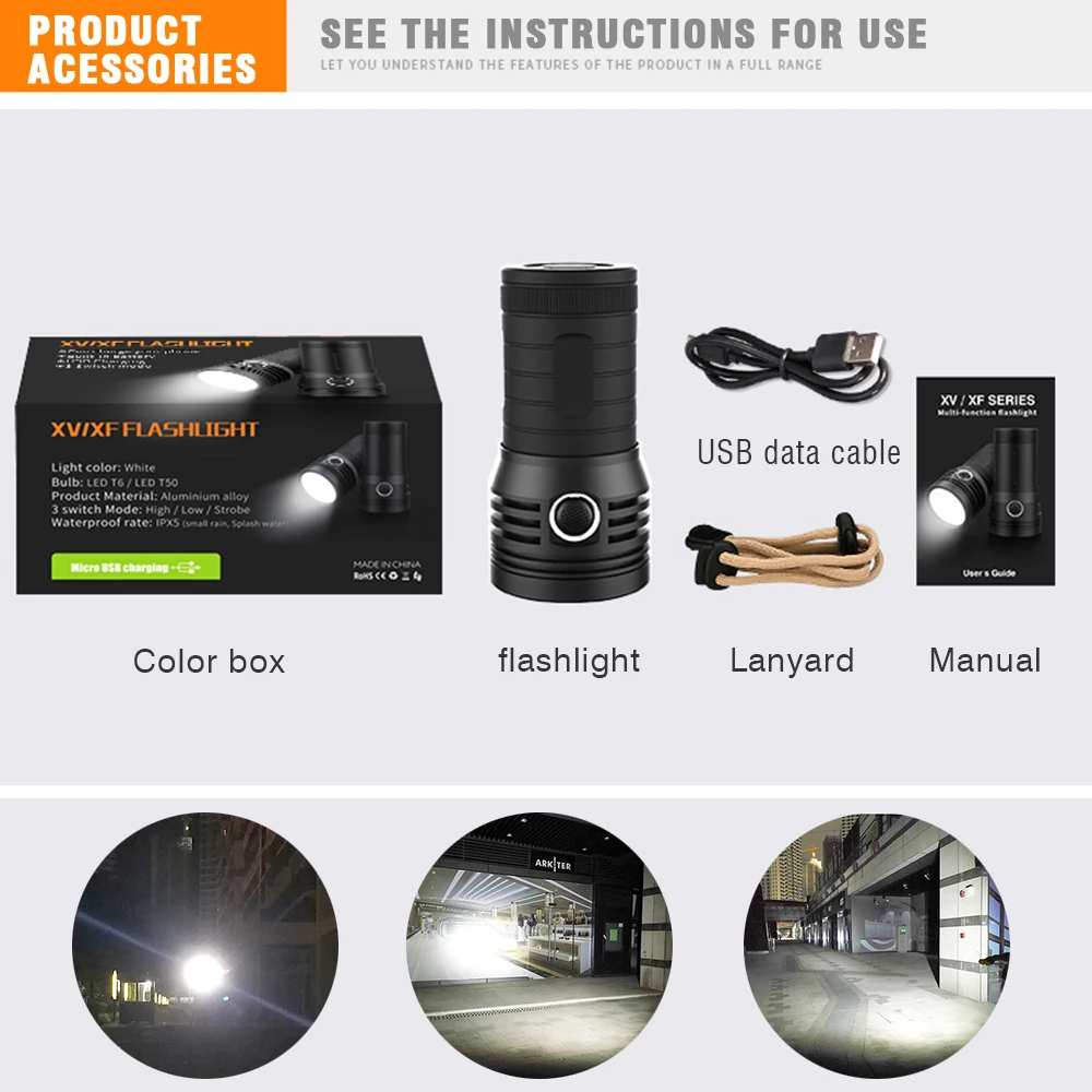

XF Cannonball Tactial Flashlight with 4800mAh Built-in 18650 Battery Powerful 3*XHP50/ T6 LED Flashlight Waterproof Torch Box