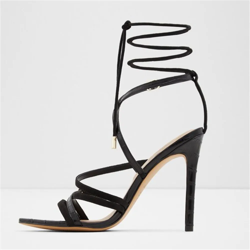 

Aiyoway New Arrival Women Heeled Sandals Ankle Strap Thin Super High Heels Sexy Peep Toe Lace-Up Dress Black Brown Big Size