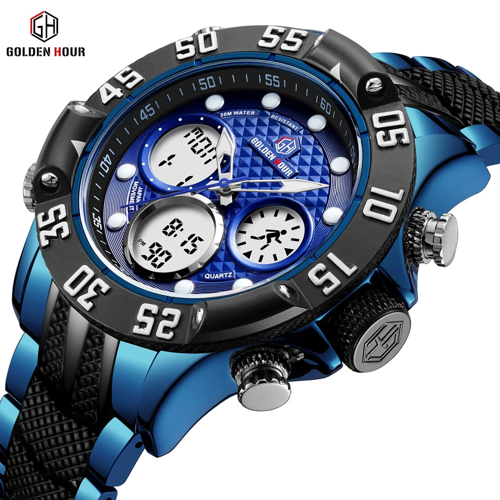 GOLDENHOUR 2019 новые мужские спортивные часы кварцевые цифровые Relogio Hombre