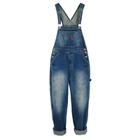 2021 spring loose jeans overalls men bib denim jumpsuits embroidery large size straight workwear pants blue coverall trousers
