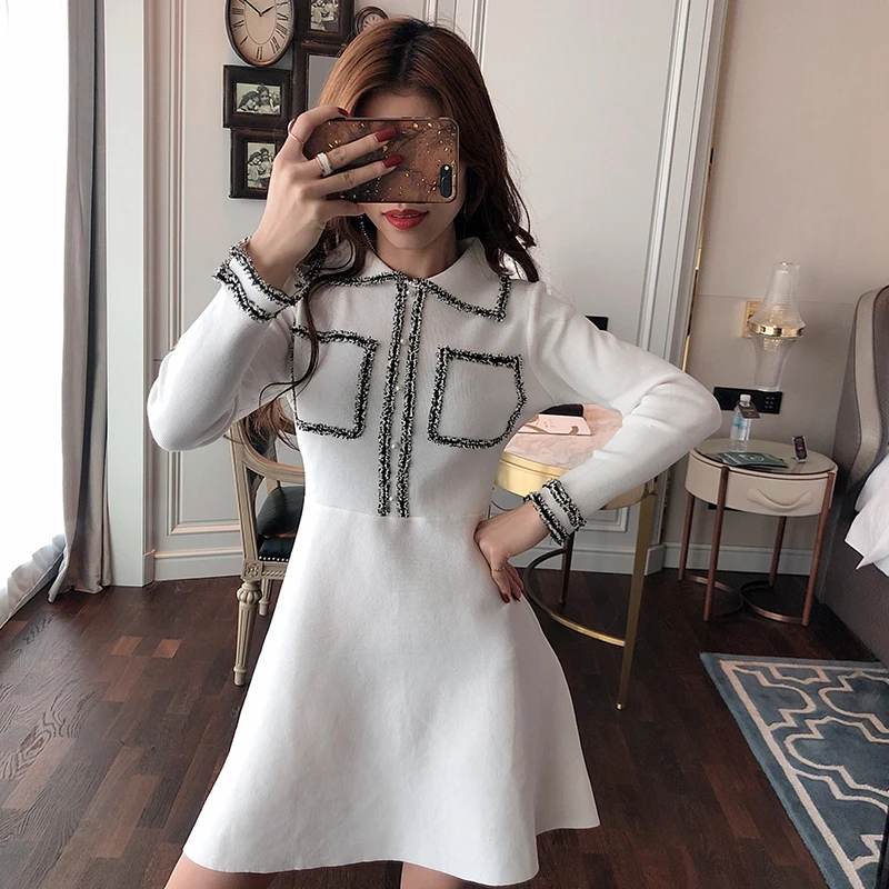 Женское платье с длинным рукавом летнее черное отложным воротником | Женская