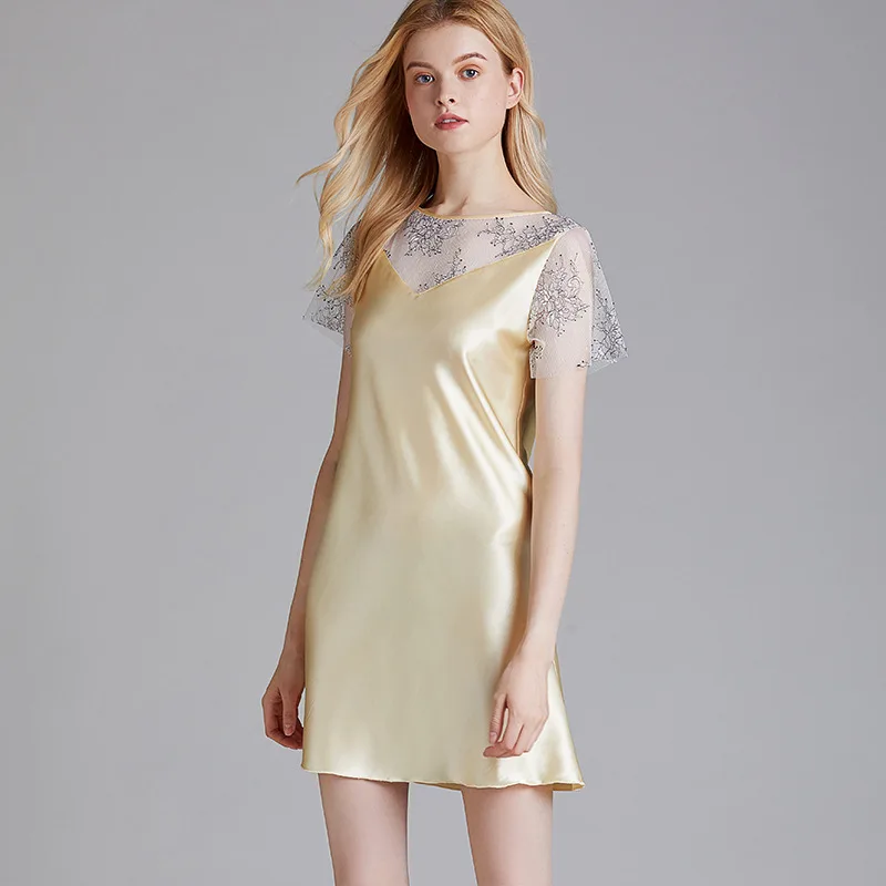 Summer Satin Faux Silk Short Nightgown Short Nightdress new style Round Neck Above Knee Lace Sleepwear New Sexy Nightwear