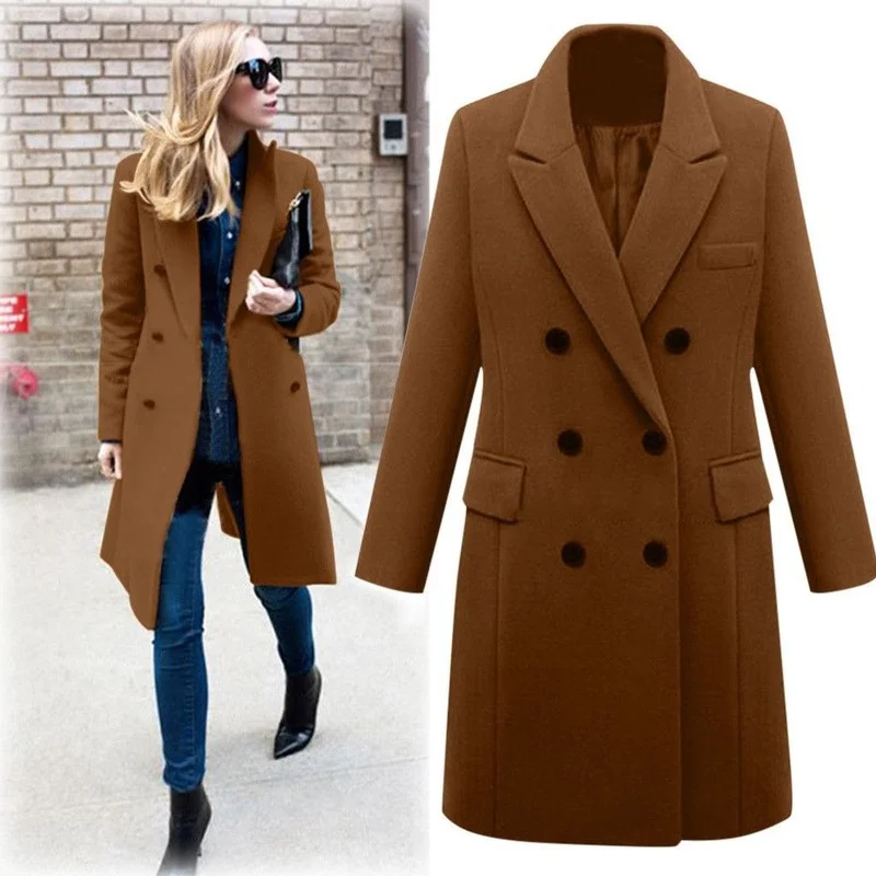 

2021 Autumn Winter New Vintage Chic Blends Coats Women Classic Wool Outerwear for Ladies Casual Double Breasted Women's Overcoat