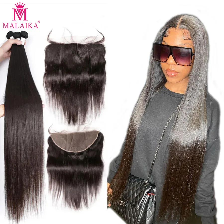 

Malaika Brazilian Hair Weave Bundles With Frontal 30 32 34 36 Hair Straight Human Hair 13x4 Lace Frontal Closure with Bundles