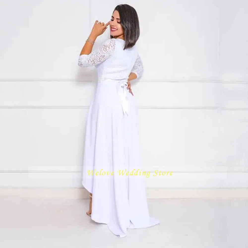 

Simple Hi Lo Party Wedding Dresses Floor Length Three Quarter Sleeve White Ivory Retro Jersey Rustic Informal Bridal Gown
