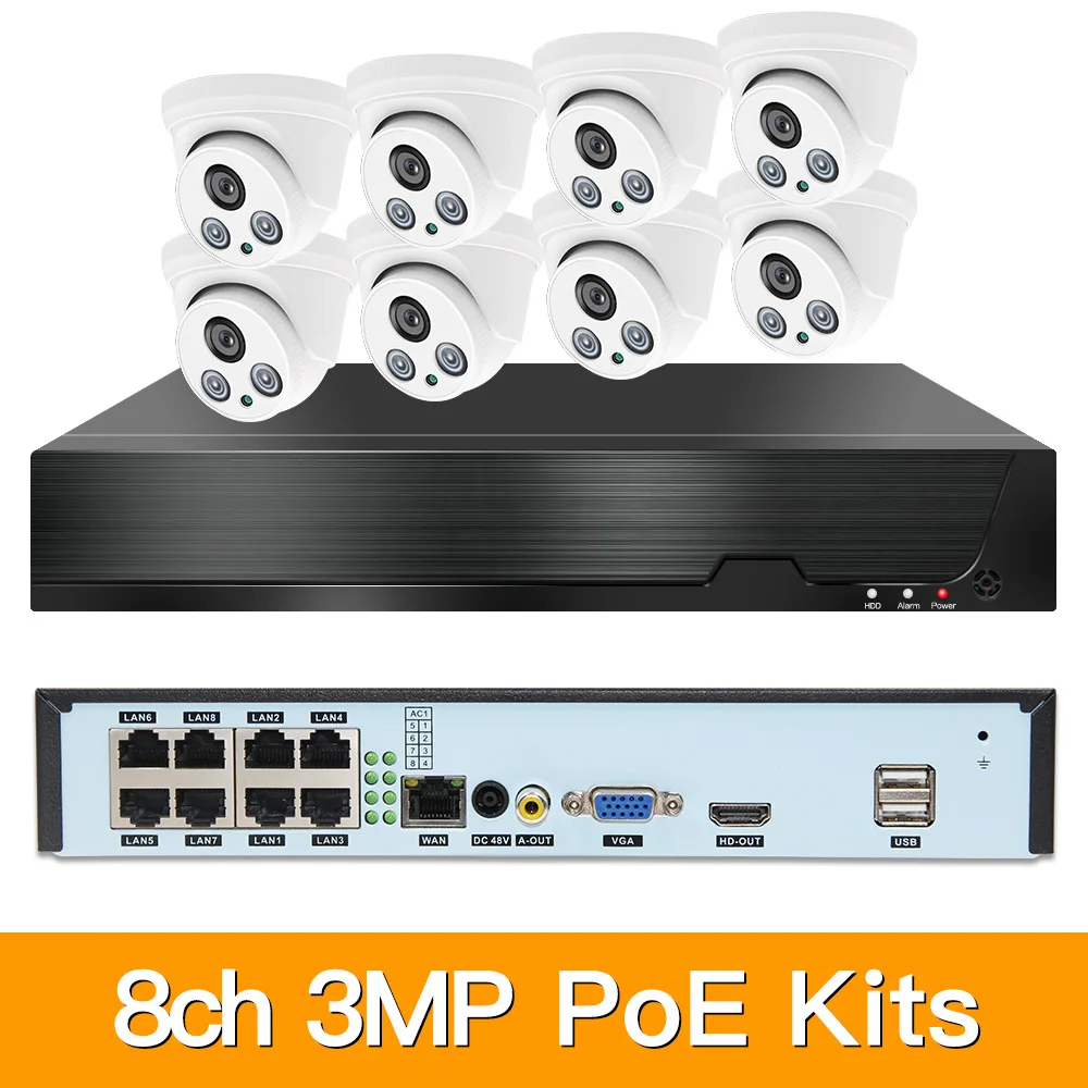 8ch 3MP POE комплекты H.265 система видеонаблюдения PoE NVR домашняя купольная IP камера