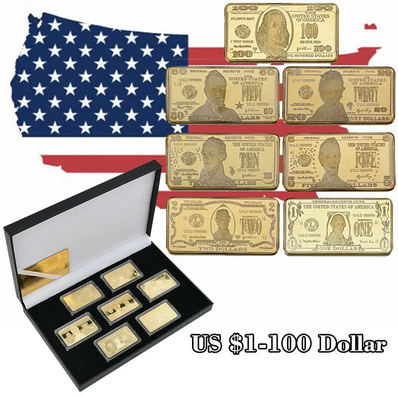 

US Dollars Gold Plated Metal Bar Set In Box American Collectables Challenge Coin Bullion Set Souvenir Gifts for Men Dropshipping