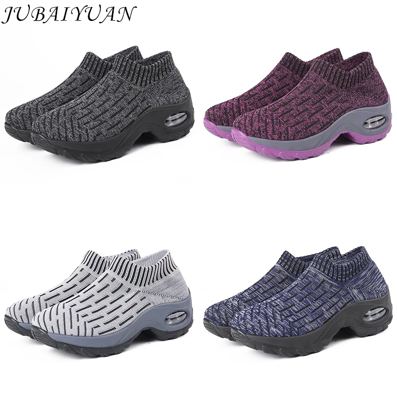 

Women's Fashion Air-cushion Heightening Sneakers Flying Woven Breathable Thick-soled Mid-heel Casual Shoes Socks Shoes Loafers