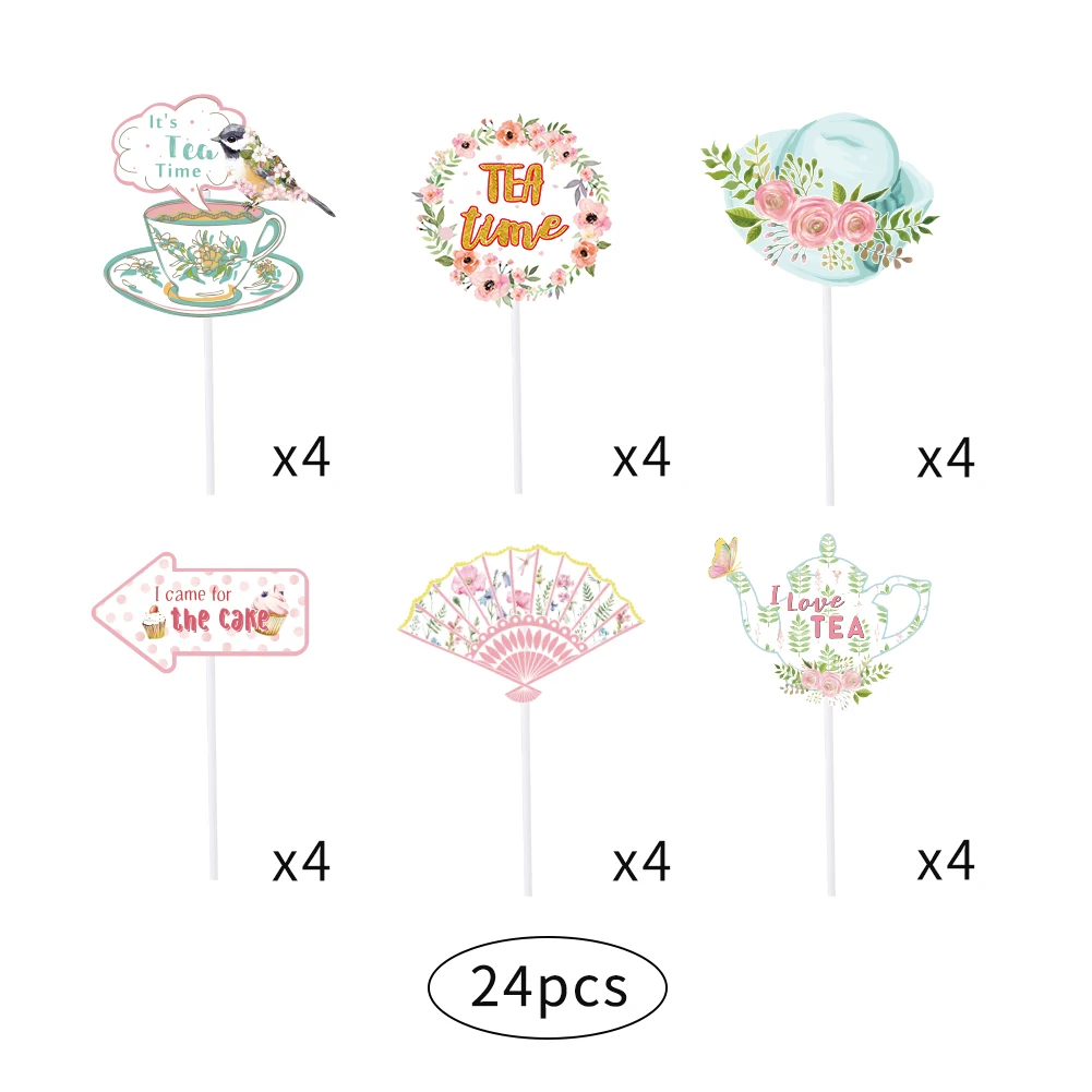 

Spring Afternoon Tea Set Cake Insert Teacup Card Banner Balloon Spiral Leisure Time Family Party Decoration