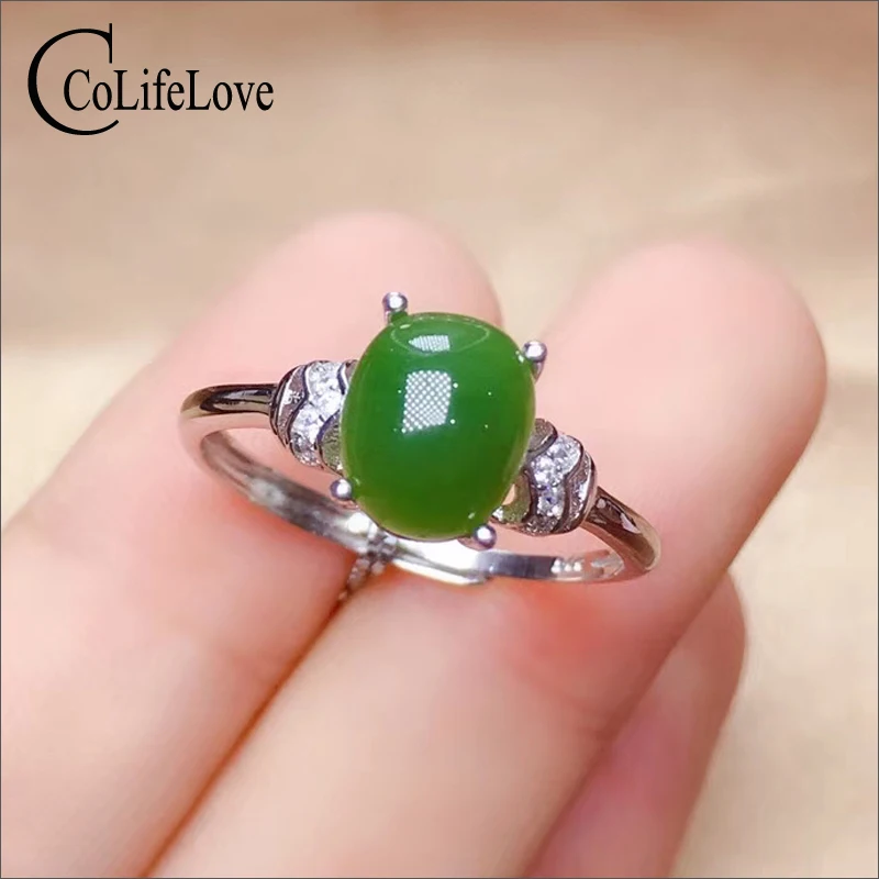 

CoLife Jewelry Simple Gemstone Ring for Office Woman 7*9mm Natural Jasper Ring 925 Silver Green Jade Jewelry Gift for Woman