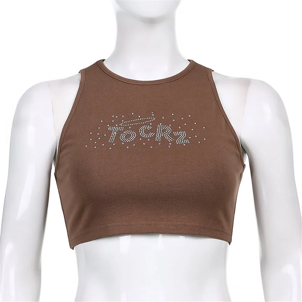 

Supermiss Brown Rhinestone Sleeveless Casual Tee Tank Top Vest 2021New Summer Patched Letter Print Y2K Crop Tops Streetwear