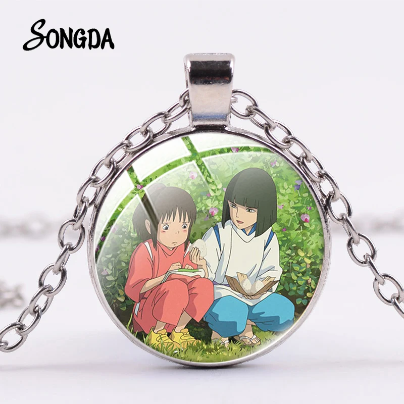 

No face Man Necklace Japanese Anime Miyazaki Spirited Away Theme Round Glass Necklace Cartoon Girl Pendants Jewelry Kids