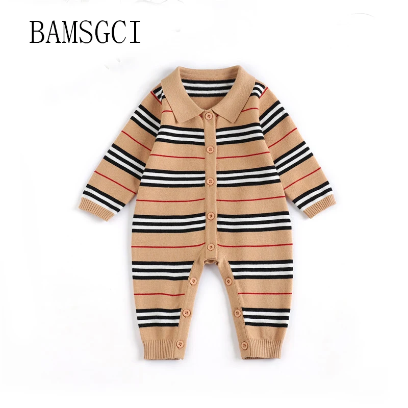 

Новинка осенняя одежда для новорожденных Модный Полосатый клетчатый Хлопковый вязаный свитер с блокировкой цвета комбинезон для маленьки...