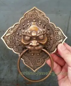 CHINESE OLD CHINESE COLLECTIBLES BRASS FOO DOG LION SQUARE DOOR KNOCKER 6