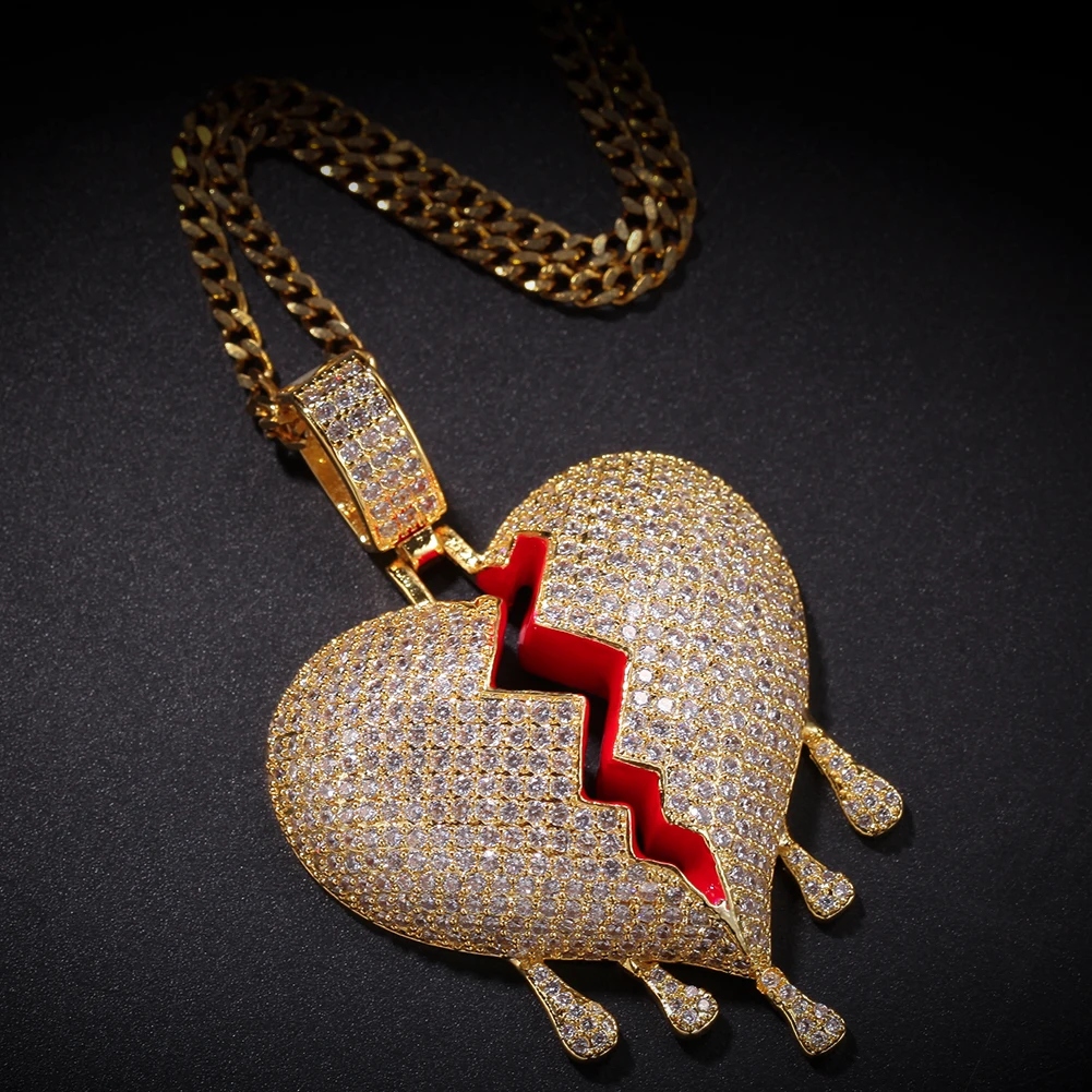 TBTK Iced Out разбитое сердце капли воды кулон медь Цирконий Роскошные ювелирные изделия панковские шармы мужские Золотая цепь ожерелья классические