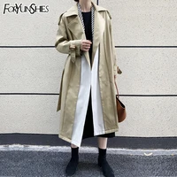 women fake 2 pcs patchwork long trench coat notched belt long sleeve loose bicolor windbreaker 2021 autumn korean fashion tide