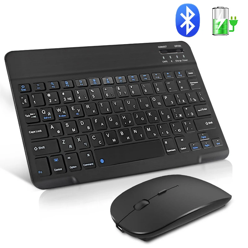 Беспроводная мини-клавиатура и мышь, перезаряжаемая Bluetooth-клавиатура с мышью и русскими клавишами, клавиатура для ПК, телефона, планшета, но...