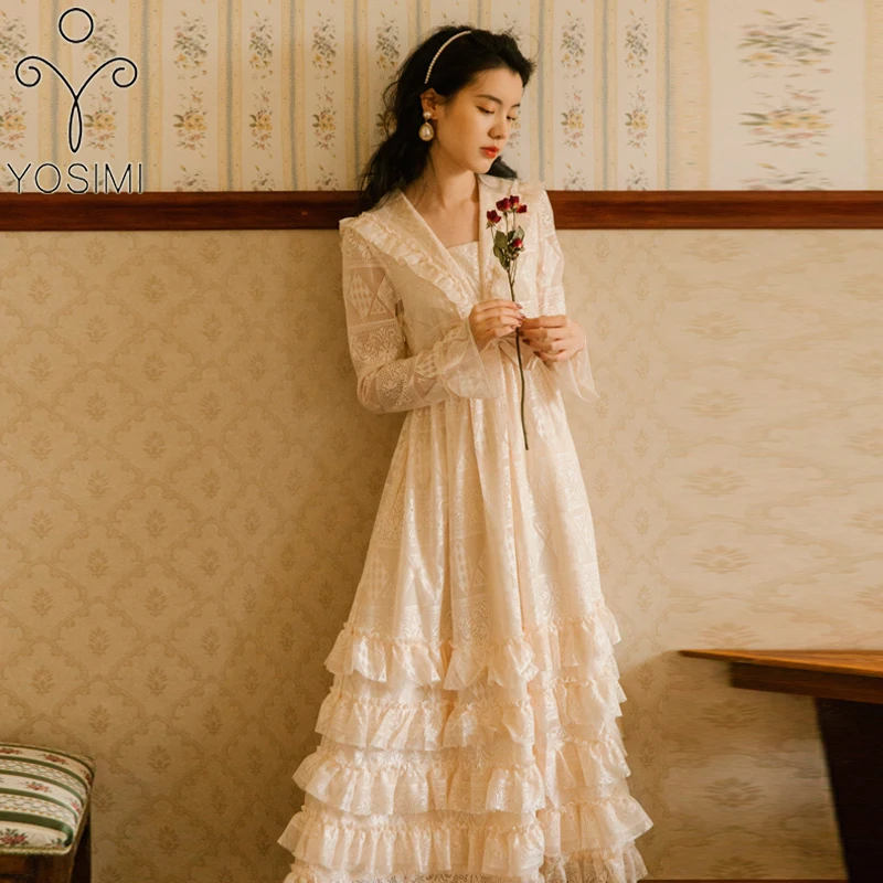 

YOSIMI Beige Lace Dress Elegant 2020 Summer Hollow Ruffles Cake Dress Fraiy V-neck A-Line Mid-calf Long Sleeve Party Women Dress