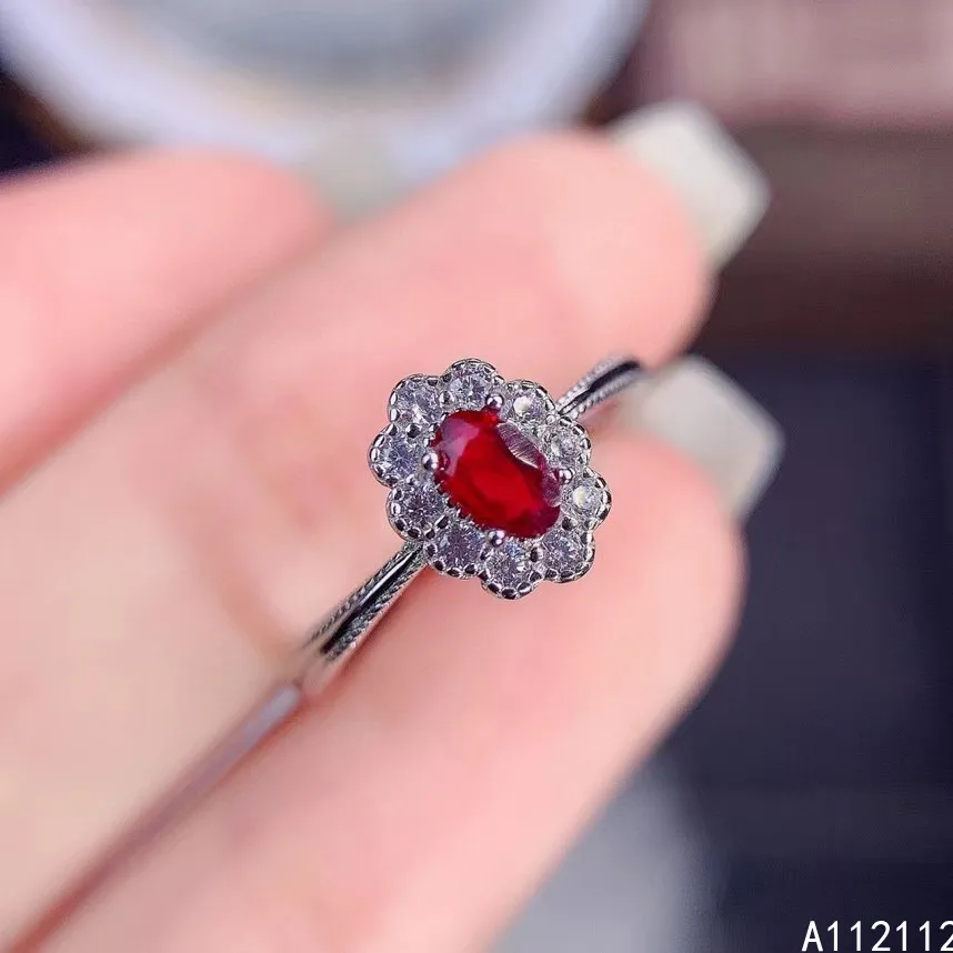 

Fine Jewelry 925 Sterling Silver Inset With Natural Gemstone Women's Classic Elegant Flower Ruby Adjustable Ring Support Detecti
