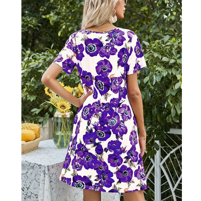 

Mandylandy Dress Summer Fashion Short Sleeve O-Neck Pocket Dress Women's Casual Floral Print Loose Dress