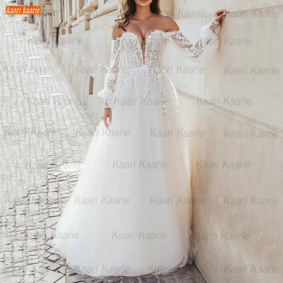 

Sexy Boho White Wedding Dress 2021 Off Shoulder Long Sleeves Vestido De Noiva Lace A Line Bridal Gowns Custom Made Suknie Slubne