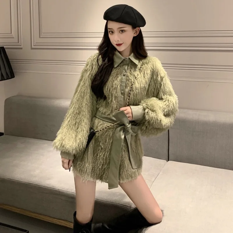 

Faux Fur Jacket Women New Autumn And Winter Lace-Up Waist Wild Leather Stitching Long Sleeve Coat Tide Manteau Femme Hiver Z975